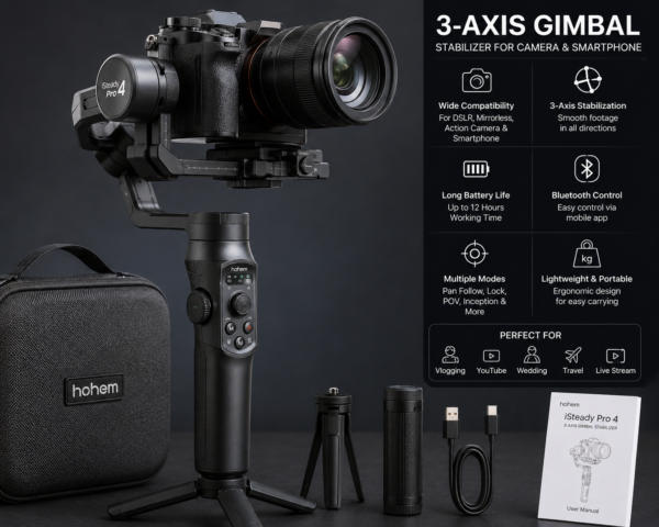 3-Axis Camera Gimbal Stabilizer for DSLR, Mirrorless Camera & Smartphone